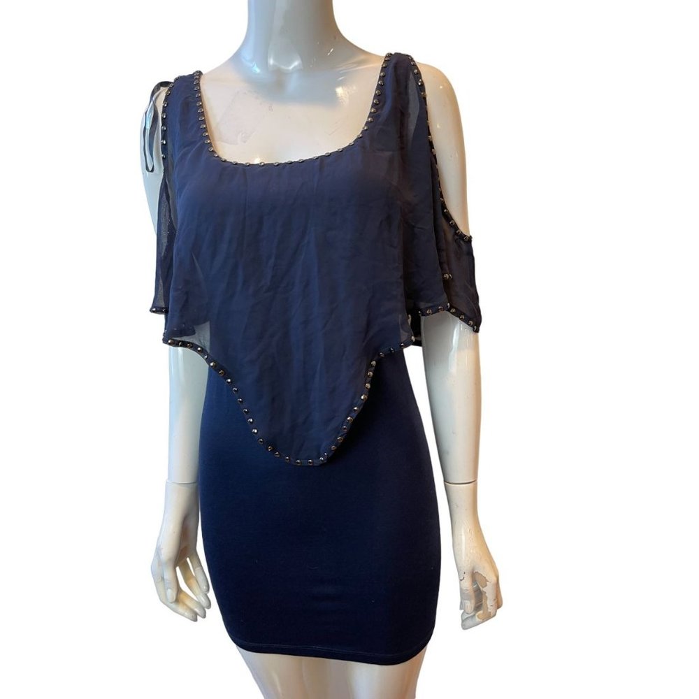 Seductions Womens Chiffon off-Shoulder Cape Dress Metal Stones Blue Size X Small